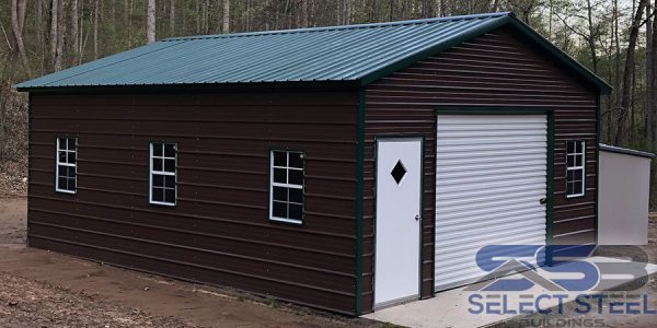 Earth-brown-metal-garage-evergreen-trim